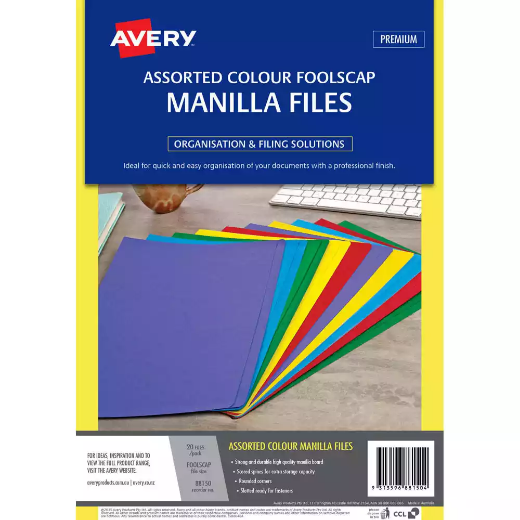 Picture of AVERY 88150 MANILLA FOLDER FOOLSCAP ASSORTED COLOURS PACK 20