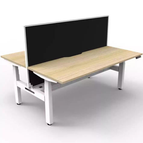 Picture of RAPIDLINE BOOST PLUS HEIGHT ADJUSTABLE DOUBLE SIDED WORKSTATION WITH SCREEN / CABLE TRAY 1200 X 750MM NATURAL OAK TOP / WHITE FRAME / BLACK SCREEN