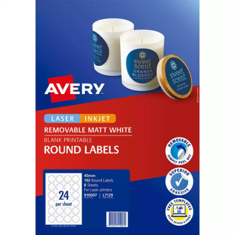 Picture of AVERY 910007 L7129 REMOVABLE BLANK LABELS ROUND LASER/INKJET 24UP MATTE 40MM WHITE PACK 192