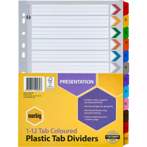 Picture of MARBIG INDEX DIVIDER MANILLA 1-12 TAB A4 ASSORTED