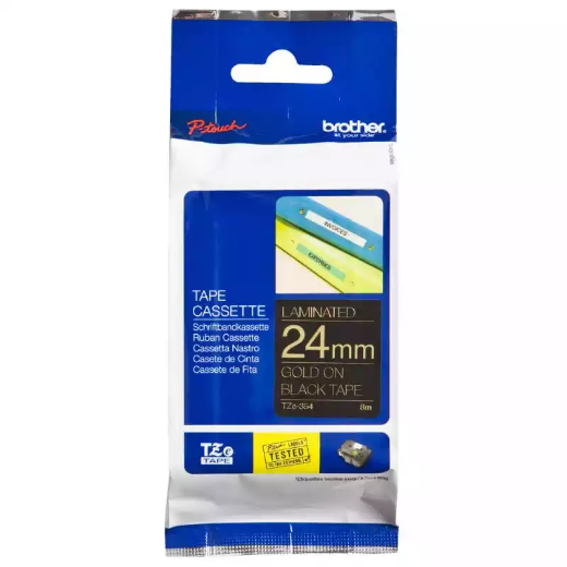 Picture of BROTHER TZE-354 LAMINATED LABELLING TAPE 24MM GOLD ON BLACK