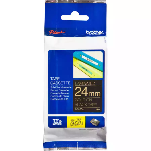 Picture of BROTHER TZE-354 LAMINATED LABELLING TAPE 24MM GOLD ON BLACK