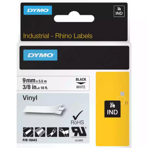 Picture of DYMO SD18443 RHINO INDUSTRIAL TAPE VINYL 9MM BLACK ON WHITE