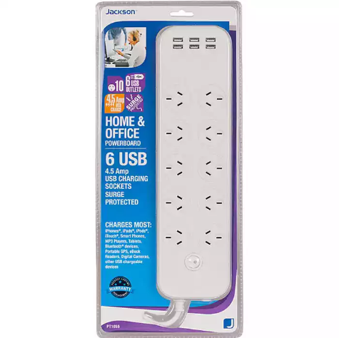 Picture of JACKSON POWERBOARD SURGE PROTECTED 10 OUTLET SWITCHED 6 USB OUTLETS 1M WHITE