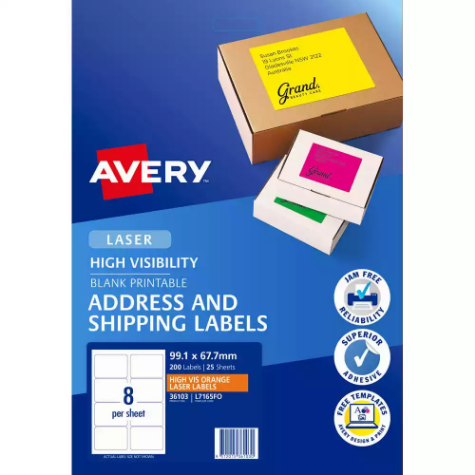 Picture of AVERY 36103 L7165FO HIGH VISIBILITY SHIPPING LABEL LASER 8UP FLUORO ORANGE BOX 25