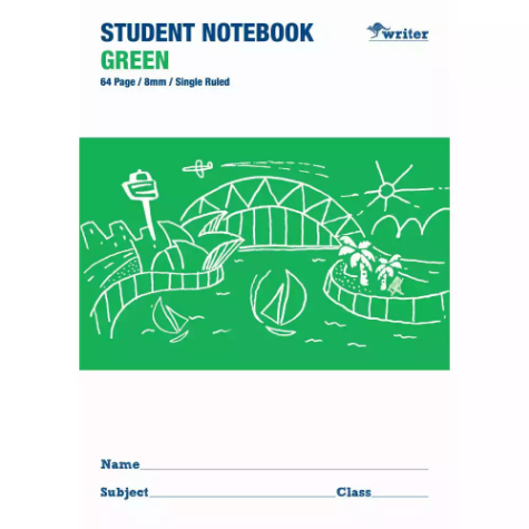 Picture of WRITER STUDENT NOTEBOOK 8MM SINGLE RULED 64 PAGE 250 X 175MM GREEN