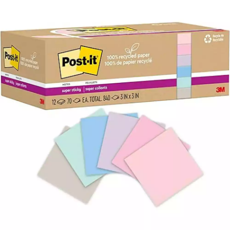 Picture of POST-IT 654R-12SSNRP SUPER STICKY NOTES 76 X 76MM RECYCLED WANDERLUST PASTELS PACK 12