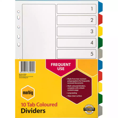 Picture of MARBIG DIVIDER PP 10-TAB A4 ASSORTED