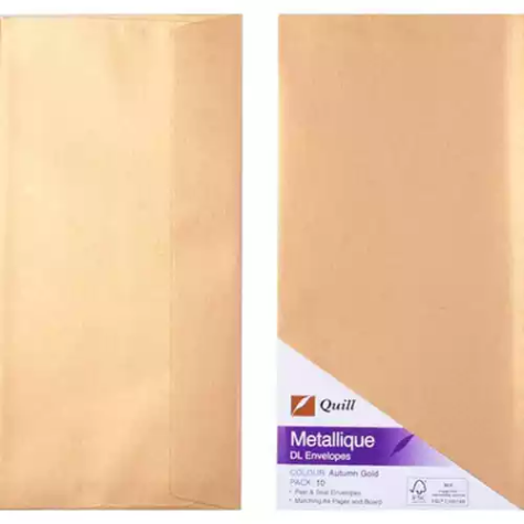 Picture of QUILL DL METALLIQUE ENVELOPES PLAINFACE STRIP SEAL 80GSM 110 X 220MM AUTUMN GOLD PACK 10