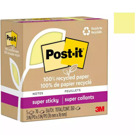 Picture of POST-IT 654R-5SSCY SUPER STICKY NOTES 76 X 76MM RECYCLED CANARY YELLOW PACK 5