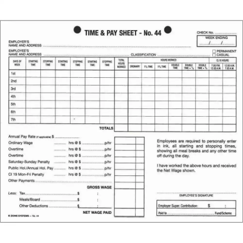 Picture of ZIONS 44 TIME AND PAY SHEETS 175 X 215MM PACK 100