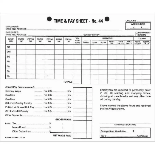 Picture of ZIONS 44 TIME AND PAY SHEETS 175 X 215MM PACK 100