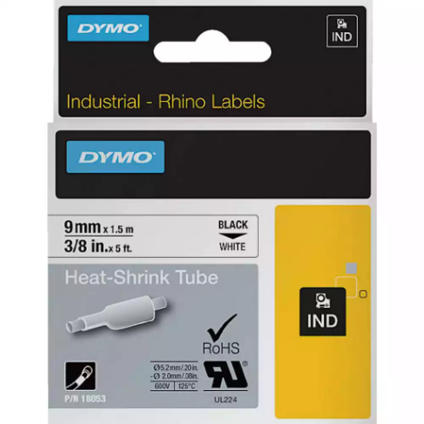 Picture of DYMO SD18053 RHINO INDUSTRIAL HEAT SHRINK TUBING 9MM BLACK ON WHITE