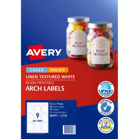 Picture of AVERY 980003 L7118 BLANK PRINTABLE LABELS ARCHED LASER/INKJET 9UP LINEN TEXTURED WHITE PACK 10