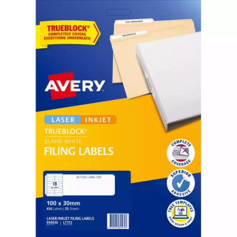 Picture of AVERY 959036 L7172 TRUEBLOCK FILING LABELS LASER/INKJET 18UP WHITE PACK 25