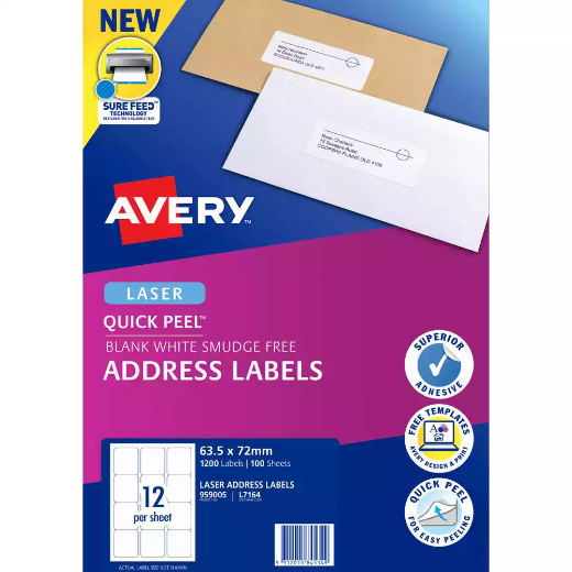 Picture of AVERY 959005 L7164 QUICK PEEL ADDRESS LABEL WITH SURE FEED LASER 12UP WHITE PACK 100