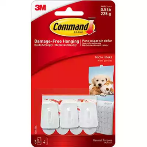 Picture of COMMAND ADHESIVE MICRO HOOKS WHITE PACK 3 HOOKS AND 4 STRIPS