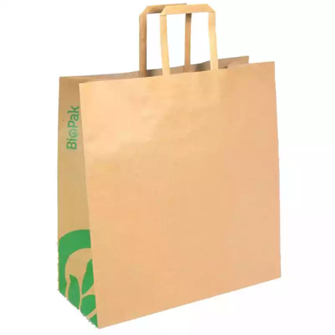 Picture of BIOPAK KRAFT PAPER BAGS FLAT HANDLE MEDIUM 320 X 340 X 140MM CARTON 200