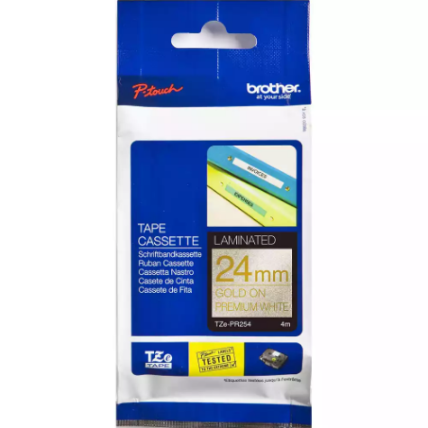 Picture of BROTHER TZE-PR254 LAMINATED LABELLING TAPE 24MM X 4M GOLD ON PREMIUM GLITTER WHITE