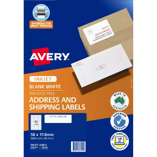 Picture of AVERY 936111 J8156 ADDRESS LABELS INKJET 45UP WHITE PACK 50