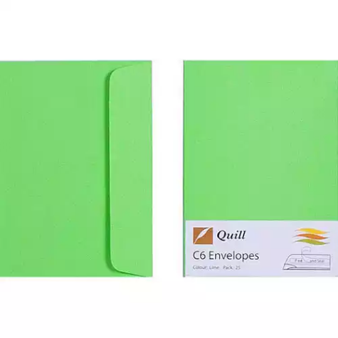 Picture of QUILL C6 COLOURED ENVELOPES PLAINFACE STRIP SEAL 80GSM 114 X 162MM LIME PACK 25