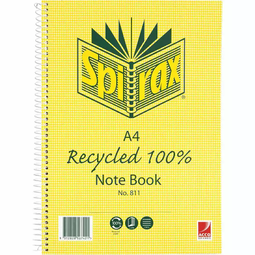 Picture of SPIRAX 811 NOTEBOOK 7MM RULED 100% RECYCLED CARDBOARD COVER SPIRAL BOUND A4 240 PAGE