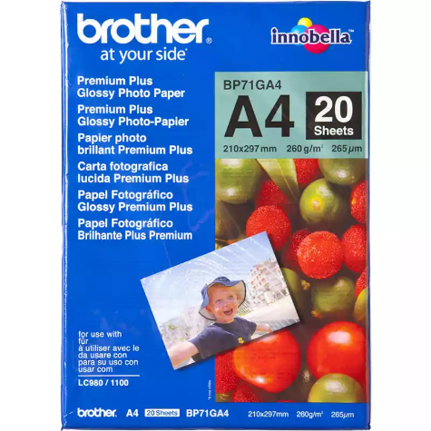 Picture of BROTHER BP-71G PREMIUM PLUS GLOSSY PHOTO PAPER 260GSM A4 WHITE PACK 20