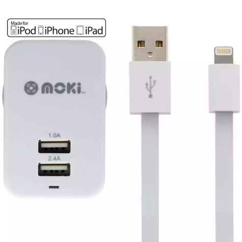 Picture of MOKI WALL CHARGER AND SYNCHARGE CABLE USB-A TO LIGHTNING 150MM WHITE