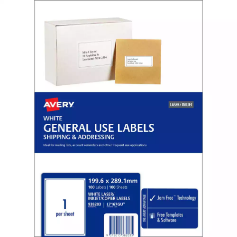 Picture of AVERY 938203 L7167 GENERAL USE LABEL LASER/INKJET 1UP WHITE PACK 100