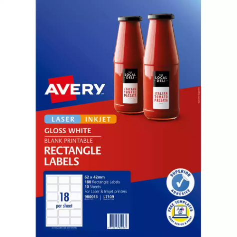 Picture of AVERY 980013 L7109 BLANK PRINTABLE LABELS RECTANGLE LASER/INKJET 18UP GLOSSY WHITE PACK 10