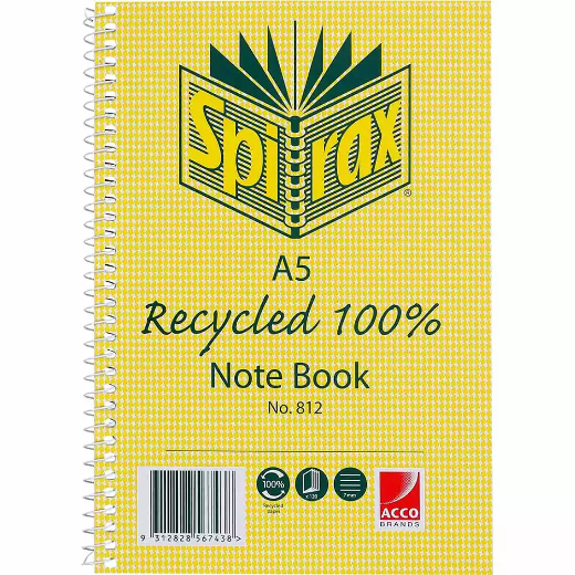 Picture of SPIRAX 812 NOTEBOOK 7MM RULED 100% RECYCLED CARDBOARD COVER SPIRAL BOUND A5 120 PAGE