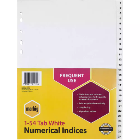 Picture of MARBIG INDEX DIVIDER PP 1-54 TAB A4 WHITE