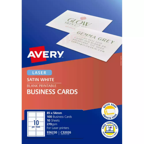 Picture of AVERY 936230 C32026 QUICK CLEAN BUSINESS CARD DOUBLE SIDED 270GSM 85 X 54MM SATIN WHITE PACK 100