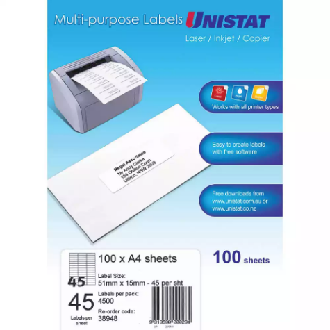 Picture of UNISTAT 38948 MULTI-PURPOSE LABEL 45UP 51 X 15MM WHITE PACK 100