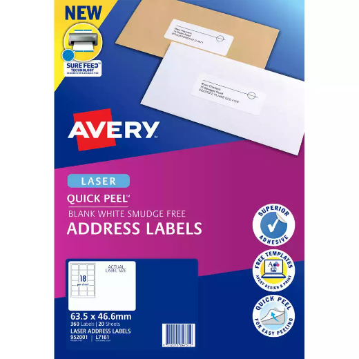 Picture of AVERY 952001 L7161 QUICK PEEL ADDRESS LABEL WITH SURE FEED LASER 18UP WHITE PACK 20