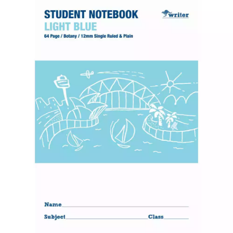 Picture of WRITER STUDENT NOTEBOOK PLAIN/SINGLE RULED 12MM 64 PAGE 250 X 175MM LIGHT BLUE