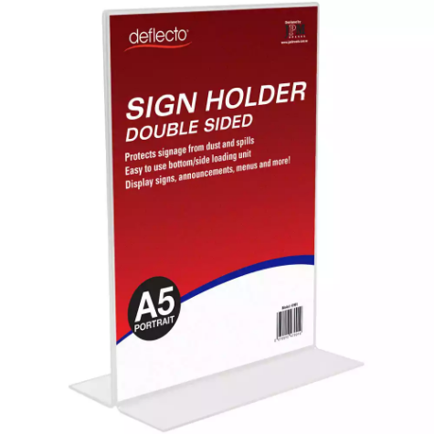 Picture of DEFLECTO SIGN HOLDER T-SHAPE DOUBLE SIDED PORTRAIT A5 CLEAR