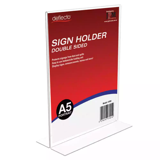 Picture of DEFLECTO SIGN HOLDER T-SHAPE DOUBLE SIDED PORTRAIT A5 CLEAR