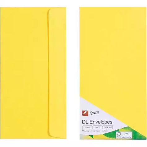 Picture of QUILL DL COLOURED ENVELOPES PLAINFACE STRIP SEAL 80GSM 110 X 220MM LEMON PACK 25