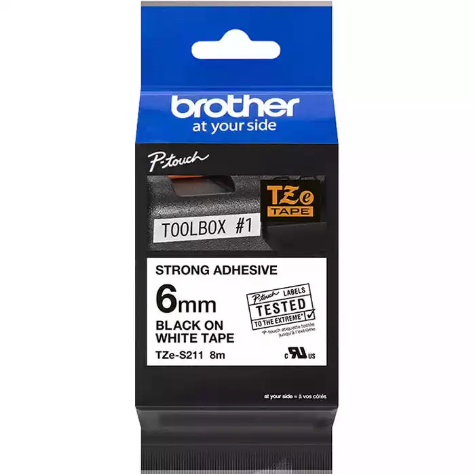 Picture of BROTHER TZE-S211 STRONG ADHESIVE LABELLING TAPE 6MM BLACK ON WHITE