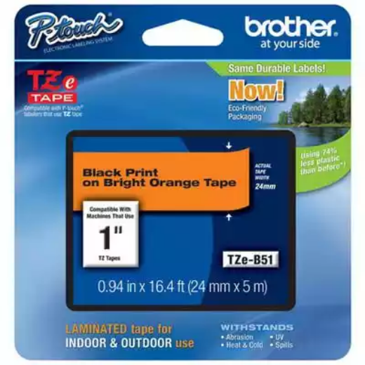 Picture of BROTHER TZE-B51 LAMINATED LABELLING TAPE 24MM BLACK ON FLURO ORANGE