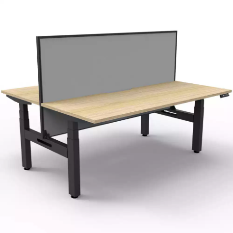 Picture of RAPIDLINE BOOST PLUS HEIGHT ADJUSTABLE DOUBLE SIDED WORKSTATION WITH SCREEN 1500 X 750MM NATURAL OAK TOP / BLACK FRAME / GREY SCREEN