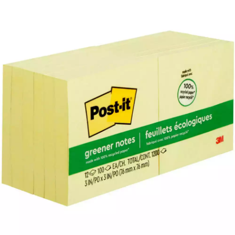 Picture of POST-IT 654-RP 100% RECYCLED GREENER NOTES 76 X 76MM YELLOW PACK 12