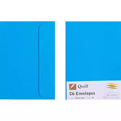 Picture of QUILL C6 COLOURED ENVELOPES PLAINFACE STRIP SEAL 80GSM 114 X 162MM MARINE BLUE PACK 25