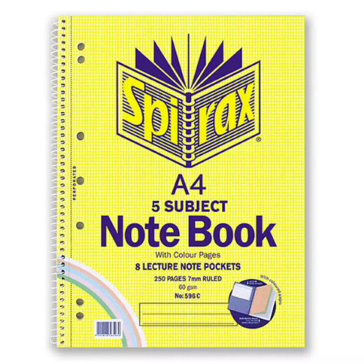 Picture of SPIRAX 596C 5-SUBJECT NOTEBOOK 7MM RULED SPIRAL BOUND COLOURED PAPER 250 PAGE A4