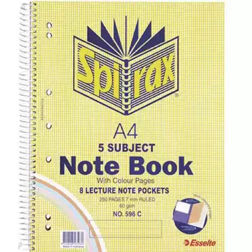 Picture of SPIRAX 596C 5-SUBJECT NOTEBOOK 7MM RULED SPIRAL BOUND COLOURED PAPER 250 PAGE A4