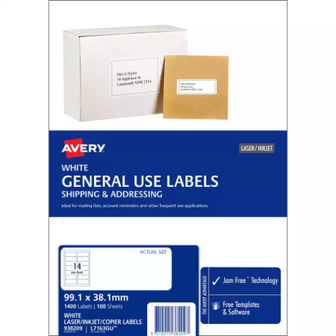 Picture of AVERY 938209 L7163 GENERAL USE LABEL LASER/INKJET 14UP WHITE PACK 100