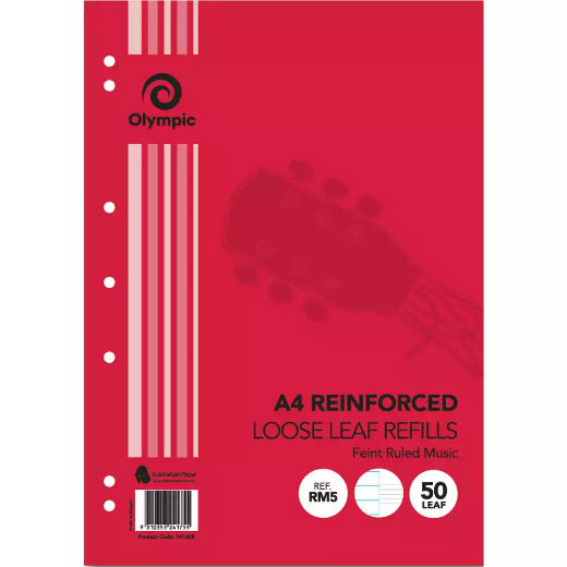 Picture of OLYMPIC RM5 REINFORCED LOOSE LEAF REFILL RULED MUSIC 55GSM A4 PACK 50 SHEETS