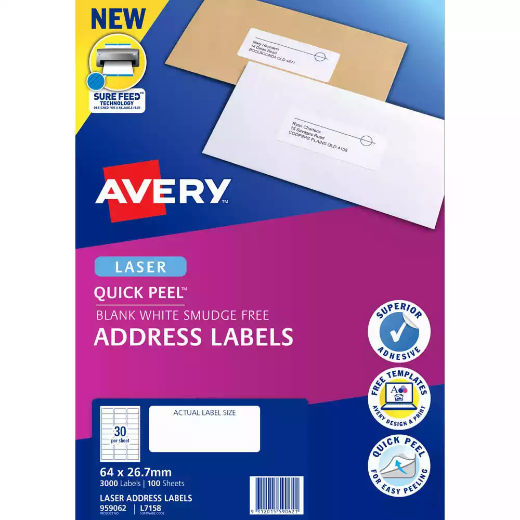 Picture of AVERY 959062 L7158 QUICK PEEL ADDRESS LABEL WITH SURE FEED LASER 30UP WHITE PACK 100