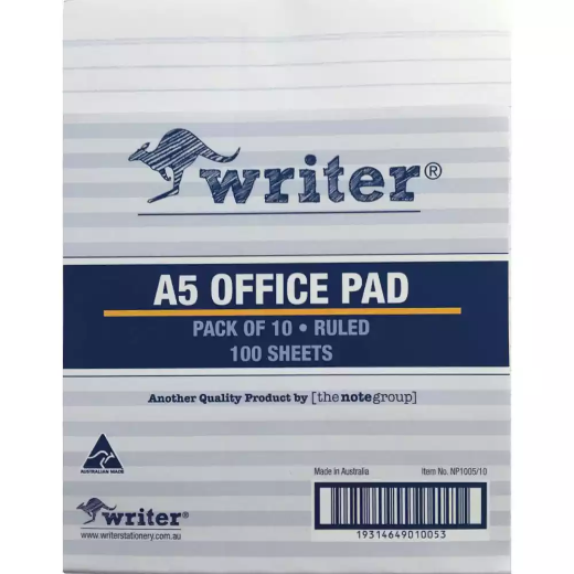 Picture of WRITER OFFICE PAD 8MM RULED 50GSM 100 SHEETS A5 WHITE